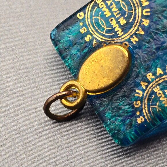 Murano Dichroic Glass Pendant 1.25 x.75" Blue Green Foil Gold-Tone Bail - Picture 3 of 5